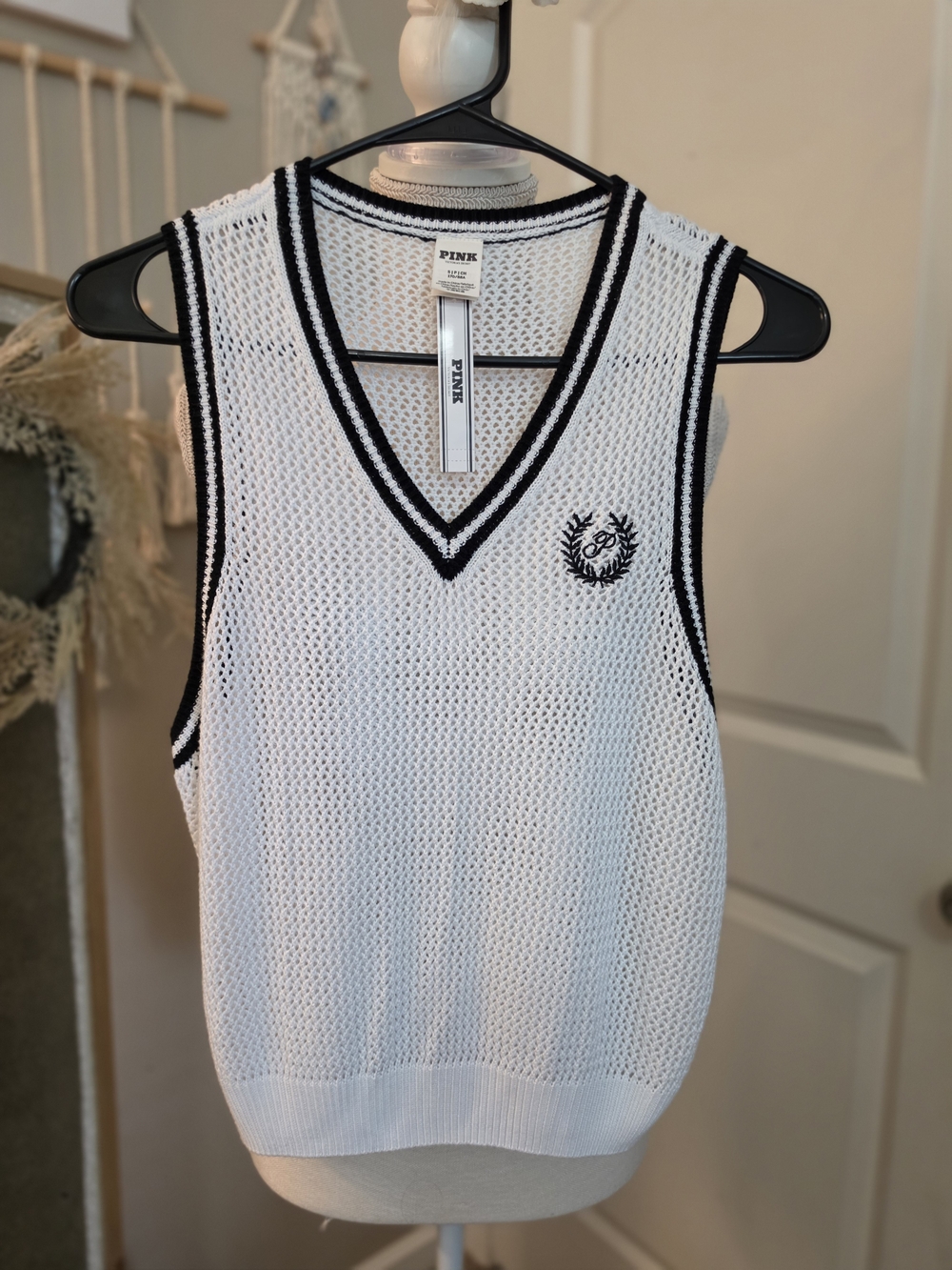 PINK Signature Tennis Sweater Vest — White with Black Trim Knit Mesh